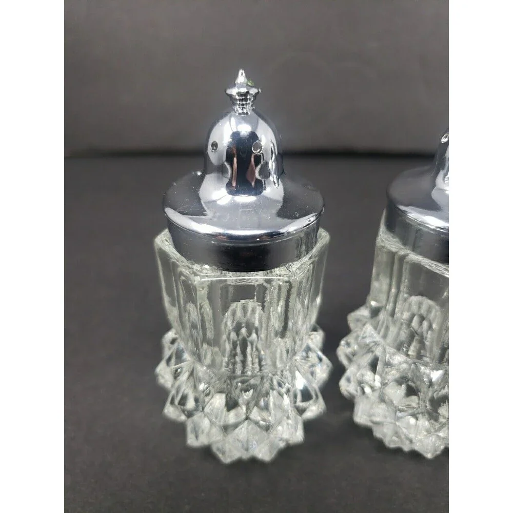 Vintage Salt & Pepper Shakers c1960s Heavy Glass Made in Hong Kong Diamond Cut